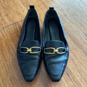 Veronica Beard Pointed Toe Loafers with Gold Buckles